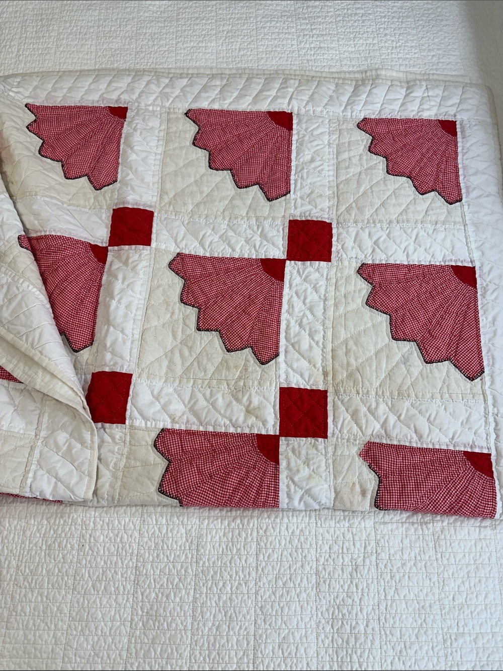 Quarter Fan Vintage Handmade Red White Gingham Patchwork Quilt - Picture 4 of 7